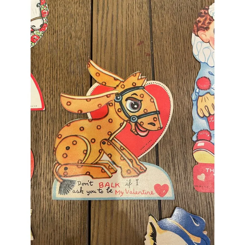 Lot of 14 Vintage Die Cut Valentine Cards Mechanical Children Animals Clown